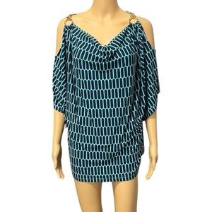 Michael Michael Kors Blue & Black Cold Shoulder With Chain Accent Pullover Top L